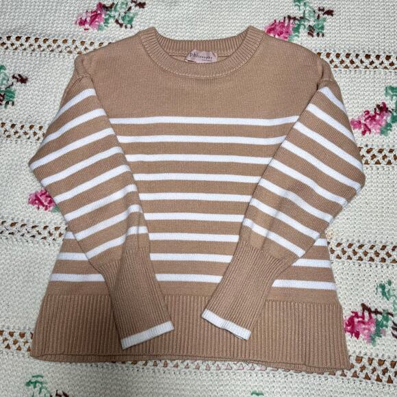 Philosophy Striped Sweater Tan White Size Med Drop Shoulder Cozy Neutral Classic - Picture 3 of 8